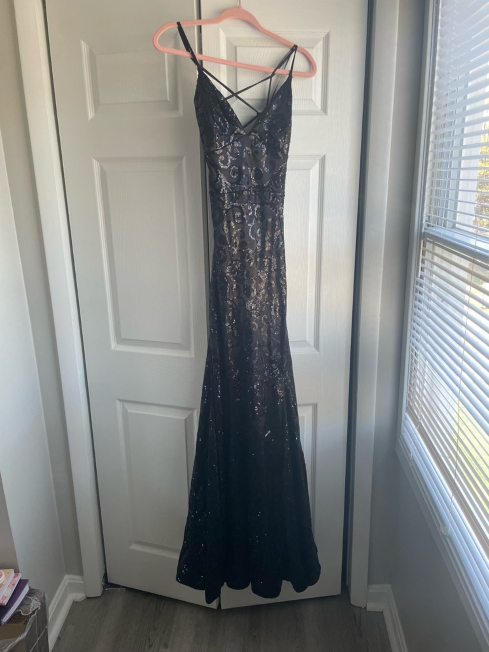 Windsor Black Sequined Prom Gown with Spaghetti Straps